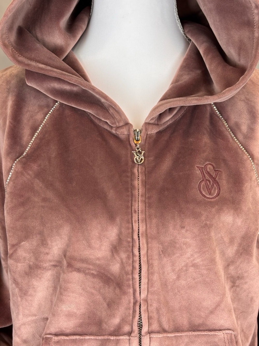 Victoria’s Secret Velour Tracksuit Dusty Rose Rhinestone Stripe Jogger Set S M - Picture 5 of 16
